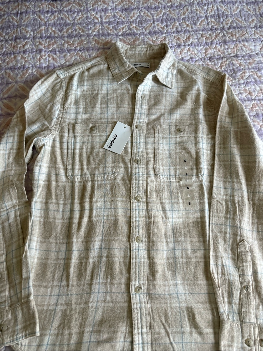 Sonoma Beige Plaid Button-Down Shirt
